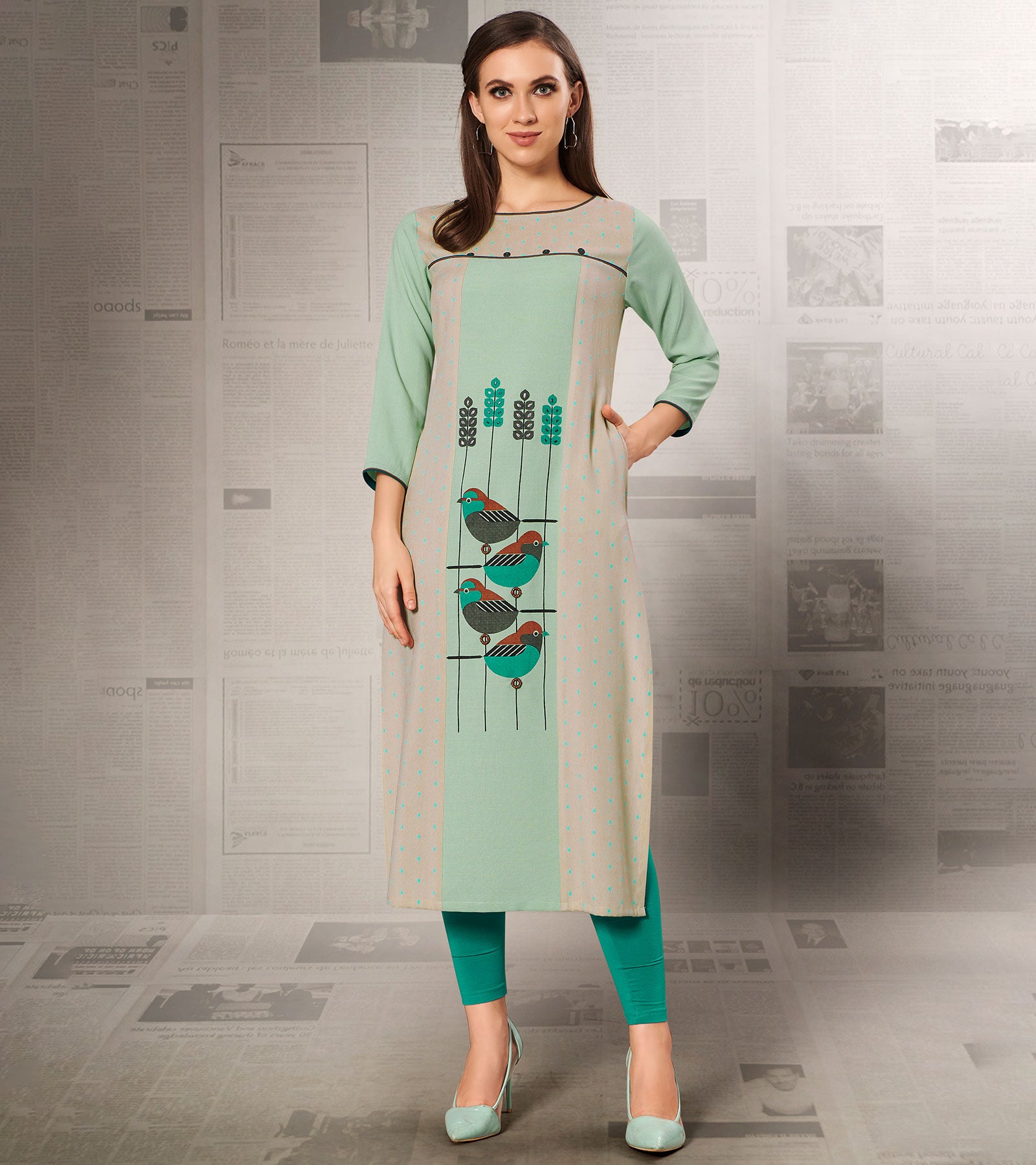 Laxmipati Barbie Cotton & Jacquard Cotton Fresh Phirozi,Straight Cut Kurti With Mask