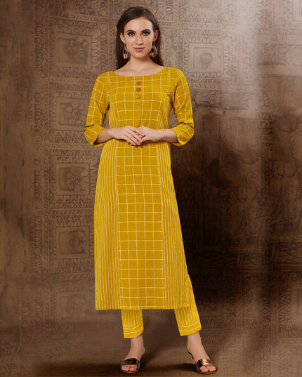 Laxmipati Chex & Strips stretchable Cotton Yellow Side Pocket & Straight cut kurti with mask.