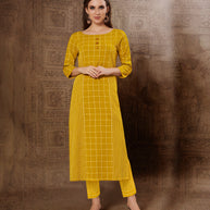 Laxmipati Chex & Strips stretchable Cotton Yellow Side Pocket & Straight cut kurti with mask.