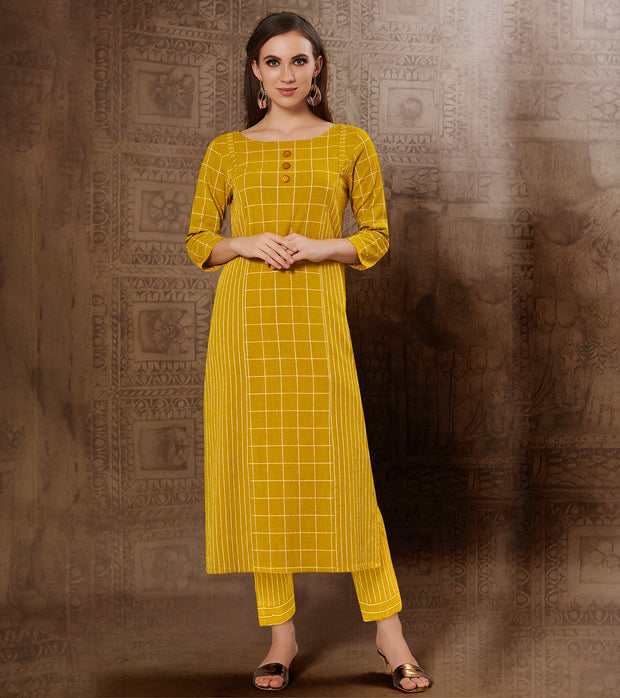 Laxmipati Chex & Strips stretchable Cotton Yellow Side Pocket & Straight cut kurti with mask.