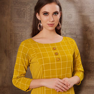 Laxmipati Chex & Strips stretchable Cotton Yellow Side Pocket & Straight cut kurti with mask.