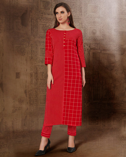 Laxmipati Chex & Strips stretchable Cotton Red Side Pocket & Straight cut kurti with mask.