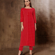 Laxmipati Chex & Strips stretchable Cotton Red Side Pocket & Straight cut kurti with mask.