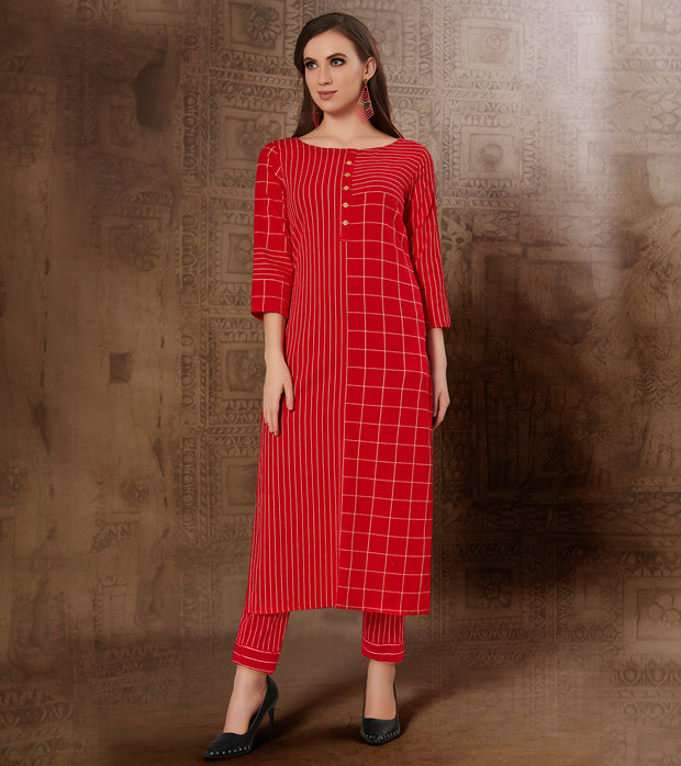 Laxmipati Chex & Strips stretchable Cotton Red Side Pocket & Straight cut kurti with mask.