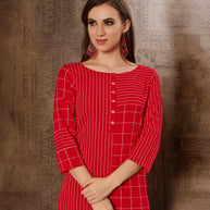 Laxmipati Chex & Strips stretchable Cotton Red Side Pocket & Straight cut kurti with mask.