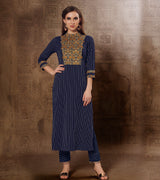 Laxmipati Chex & Strips stretchable Cotton Navy Blue  Side Pocket & Straight cut kurti with mask.