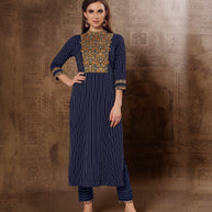 Laxmipati Chex & Strips stretchable Cotton Navy Blue  Side Pocket & Straight cut kurti with mask.