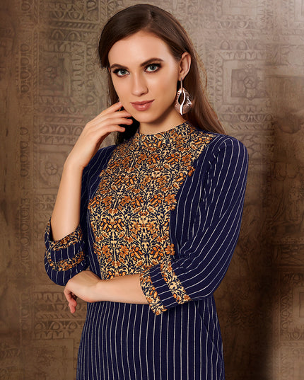 Laxmipati Chex & Strips stretchable Cotton Navy Blue  Side Pocket & Straight cut kurti with mask.