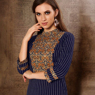 Laxmipati Chex & Strips stretchable Cotton Navy Blue  Side Pocket & Straight cut kurti with mask.