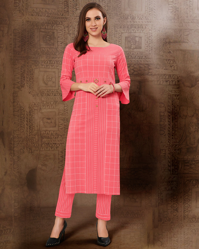 Laxmipati Chex & Strips stretchable Cotton Peach Side Pocket & Straight cut kurti with mask.