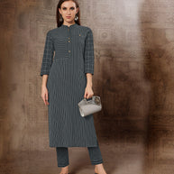 Laxmipati Chex & Strips stretchable Cotton Grey Side Pocket & Straight cut kurti with mask.