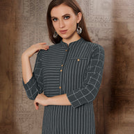 Laxmipati Chex & Strips stretchable Cotton Grey Side Pocket & Straight cut kurti with mask.