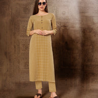 Laxmipati Chex & Strips stretchable Cotton Beidge Side Pocket & Straight cut kurti with mask.