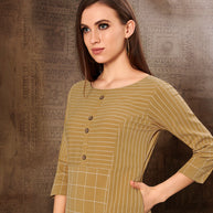 Laxmipati Chex & Strips stretchable Cotton Beidge Side Pocket & Straight cut kurti with mask.