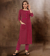 Laxmipati Chex & Strips stretchable Cotton Rustic Wine Side Pocket & Straight cut kurti with mask.