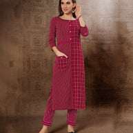 Laxmipati Chex & Strips stretchable Cotton Rustic Wine Side Pocket & Straight cut kurti with mask.