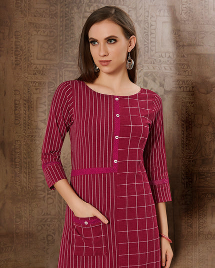 Laxmipati Chex & Strips stretchable Cotton Rustic Wine Side Pocket & Straight cut kurti with mask.
