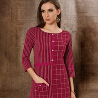 Laxmipati Chex & Strips stretchable Cotton Rustic Wine Side Pocket & Straight cut kurti with mask.