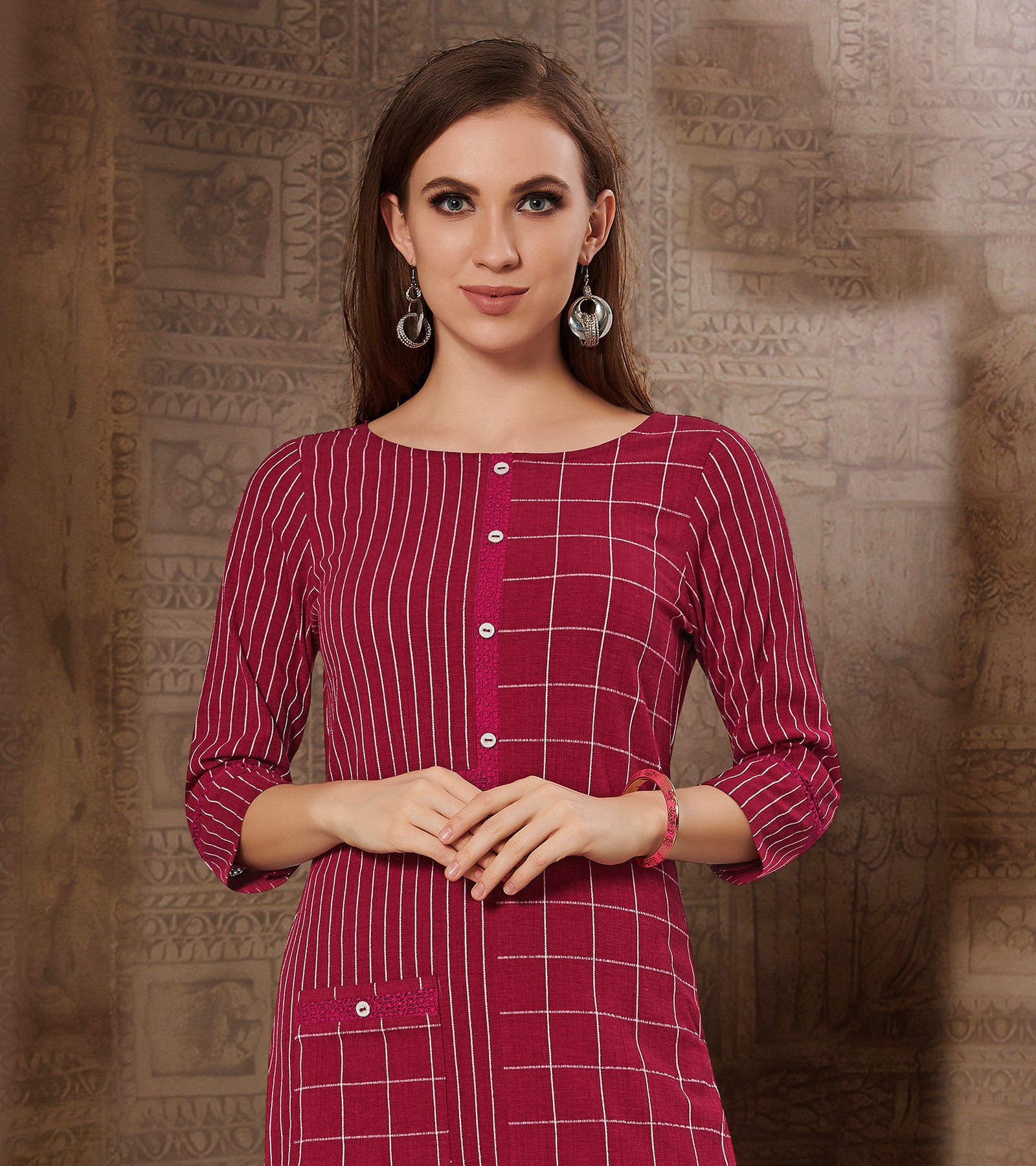 Laxmipati Chex & Strips stretchable Cotton Rustic Wine Side Pocket & Straight cut kurti with mask.