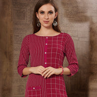 Laxmipati Chex & Strips stretchable Cotton Rustic Wine Side Pocket & Straight cut kurti with mask.