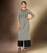 Laxmipati Cotton Grey Straight cut Kurti with Stylish Emb Yoke and Mask