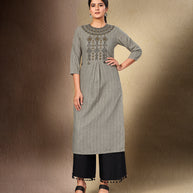 Laxmipati Cotton Grey Straight cut Kurti with Stylish Emb Yoke and Mask