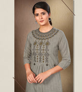 Laxmipati Cotton Grey Straight cut Kurti with Stylish Emb Yoke and Mask