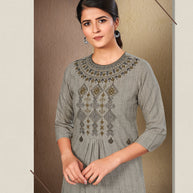 Laxmipati Cotton Grey Straight cut Kurti with Stylish Emb Yoke and Mask