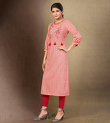 Laxmipati Cotton Peach Pink Straight cut Kurti with Stylish Emb Yoke and Mask