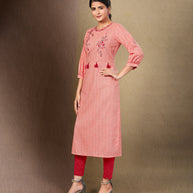 Laxmipati Cotton Peach Pink Straight cut Kurti with Stylish Emb Yoke and Mask
