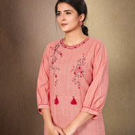 Laxmipati Cotton Peach Pink Straight cut Kurti with Stylish Emb Yoke and Mask