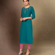 Laxmipati Cotton Ramablue Straight cut Kurti with Stylish Emb Yoke and Mask