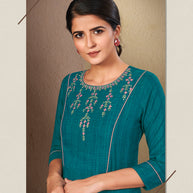 Laxmipati Cotton Ramablue Straight cut Kurti with Stylish Emb Yoke and Mask
