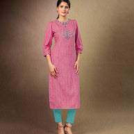 Laxmipati Cotton Slub Pink Straight cut Kurti with Stylish Emb Yoke and Mask