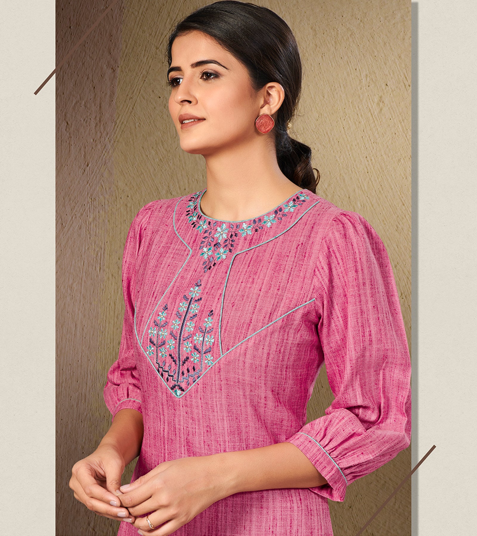 Laxmipati Cotton Slub Pink Straight cut Kurti with Stylish Emb Yoke and Mask