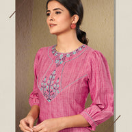 Laxmipati Cotton Slub Pink Straight cut Kurti with Stylish Emb Yoke and Mask