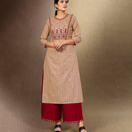 Laxmipati Cotton Chiku Straight cut Kurti with Stylish Emb Yoke and Mask