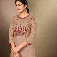 Laxmipati Cotton Chiku Straight cut Kurti with Stylish Emb Yoke and Mask