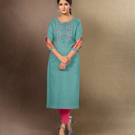Laxmipati Cotton Sea Green Straight cut Kurti with Stylish Emb Yoke and Mask