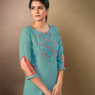 Laxmipati Cotton Sea Green Straight cut Kurti with Stylish Emb Yoke and Mask