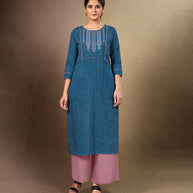 Laxmipati Cotton Cloudu Blue Straight cut Kurti with Stylish Emb Yoke and Mask