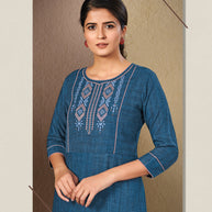 Laxmipati Cotton Cloudu Blue Straight cut Kurti with Stylish Emb Yoke and Mask